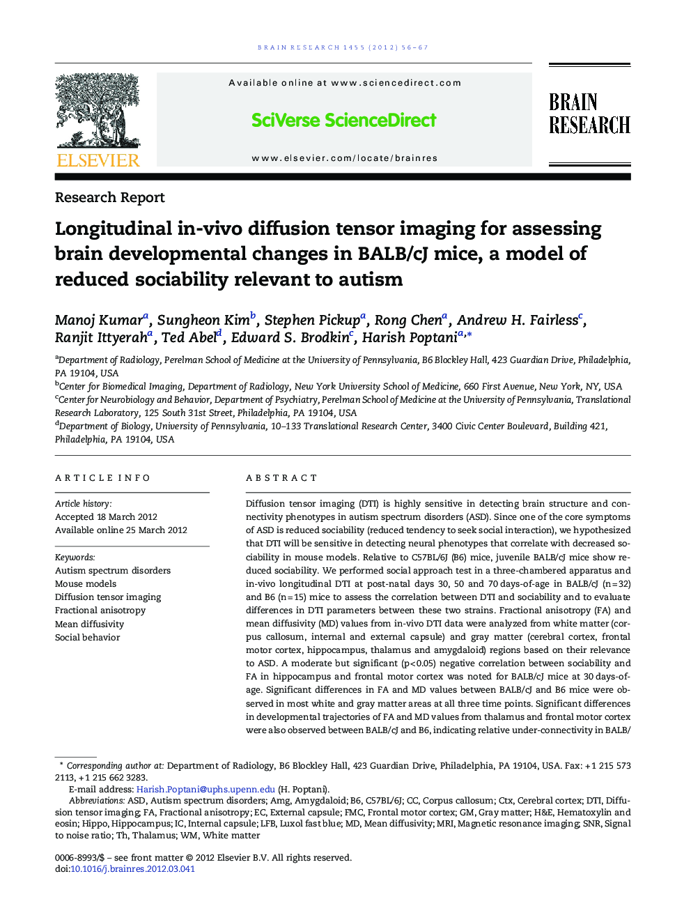 Longitudinal in-vivo diffusion tensor imaging for assessing brain developmental changes in BALB/cJ mice, a model of reduced sociability relevant to autism