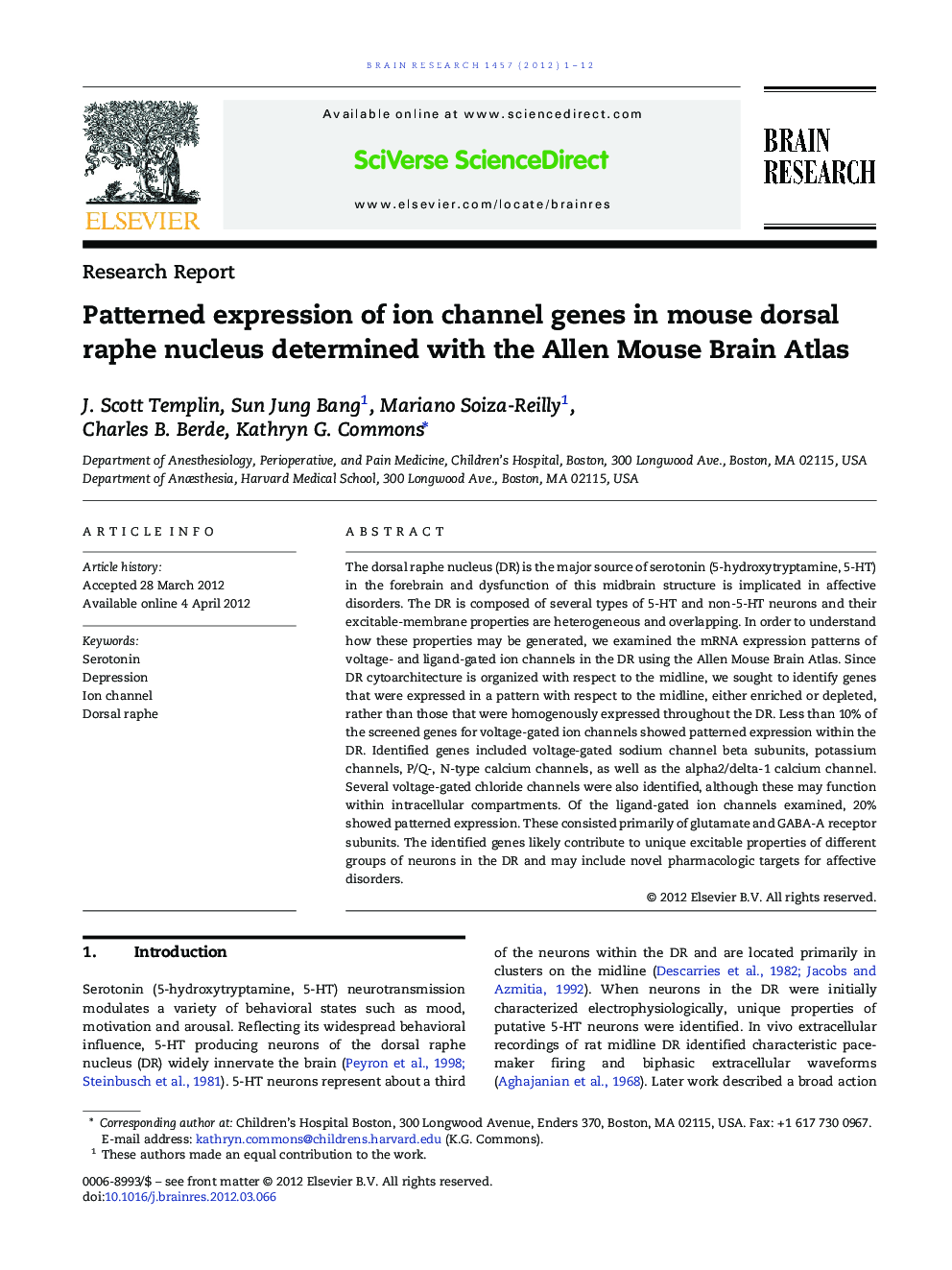 Patterned expression of ion channel genes in mouse dorsal raphe nucleus determined with the Allen Mouse Brain Atlas