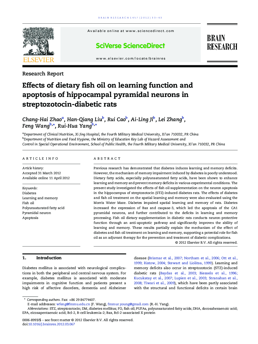 Effects of dietary fish oil on learning function and apoptosis of hippocampal pyramidal neurons in streptozotocin-diabetic rats