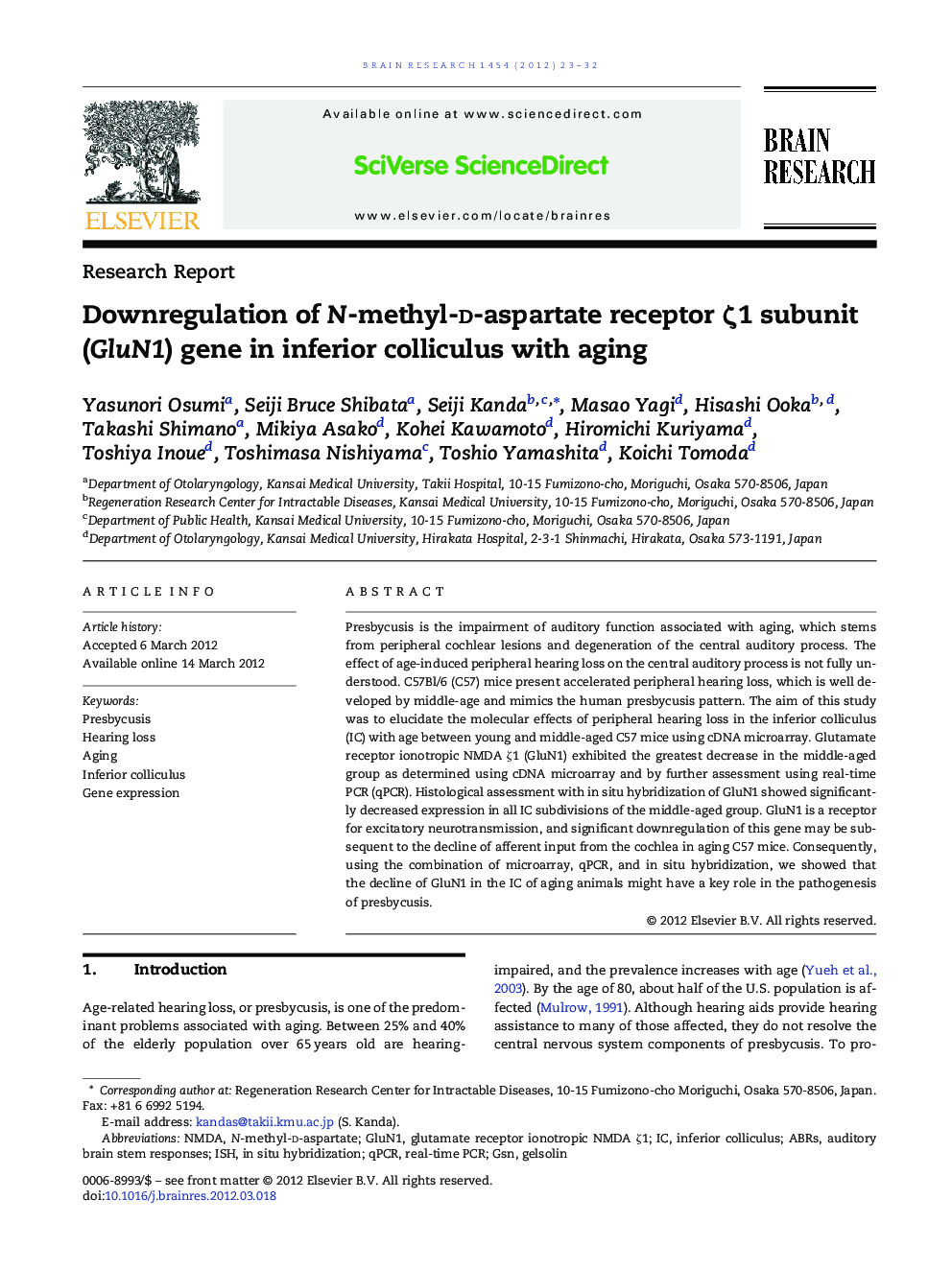 Downregulation of N-methyl-d-aspartate receptor ζ1 subunit (GluN1) gene in inferior colliculus with aging