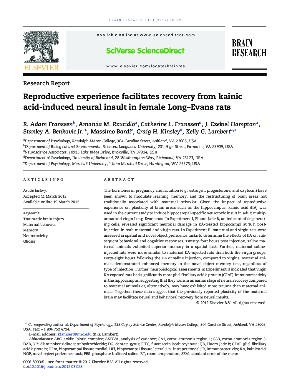 Reproductive experience facilitates recovery from kainic acid-induced neural insult in female Long–Evans rats