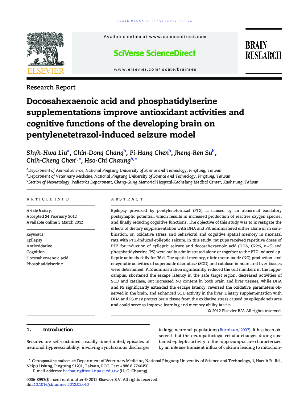 Docosahexaenoic acid and phosphatidylserine supplementations improve antioxidant activities and cognitive functions of the developing brain on pentylenetetrazol-induced seizure model