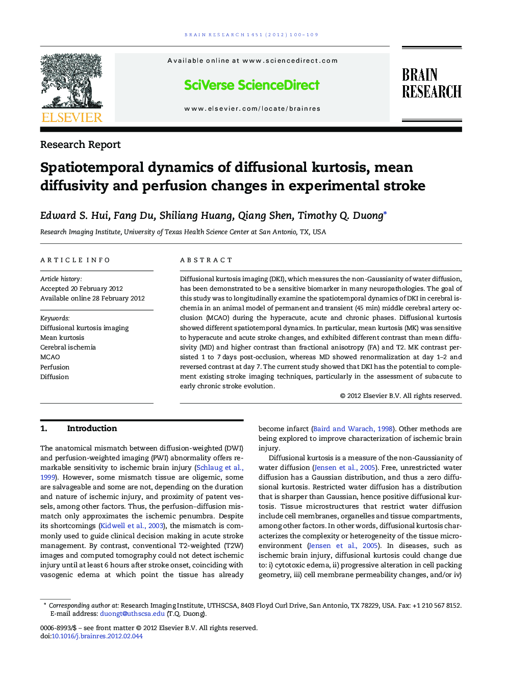 Spatiotemporal dynamics of diffusional kurtosis, mean diffusivity and perfusion changes in experimental stroke