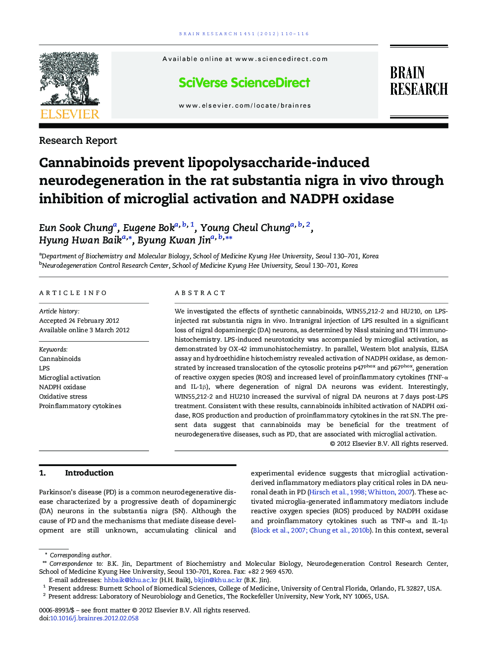 Cannabinoids prevent lipopolysaccharide-induced neurodegeneration in the rat substantia nigra in vivo through inhibition of microglial activation and NADPH oxidase