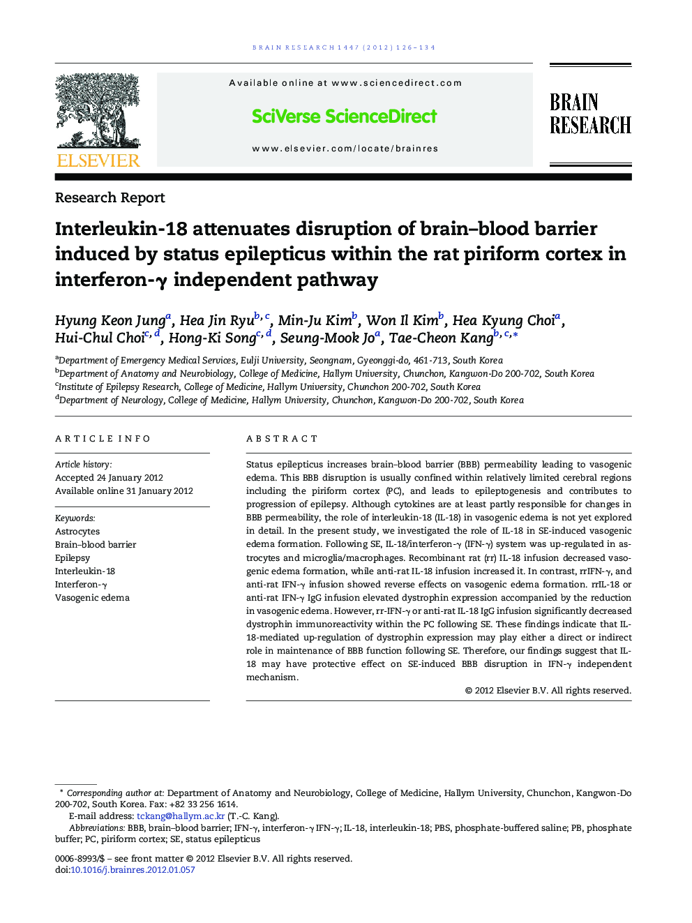 Interleukin-18 attenuates disruption of brain–blood barrier induced by status epilepticus within the rat piriform cortex in interferon-γ independent pathway