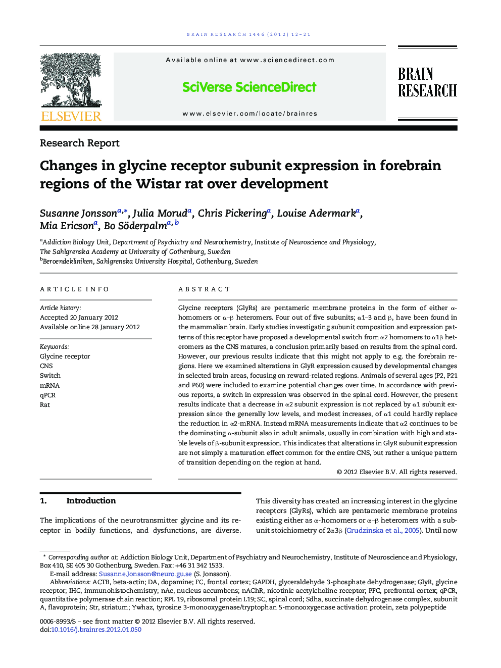 Changes in glycine receptor subunit expression in forebrain regions of the Wistar rat over development