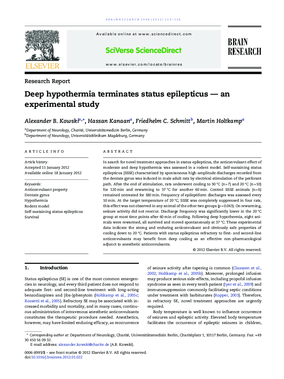 Deep hypothermia terminates status epilepticus — an experimental study