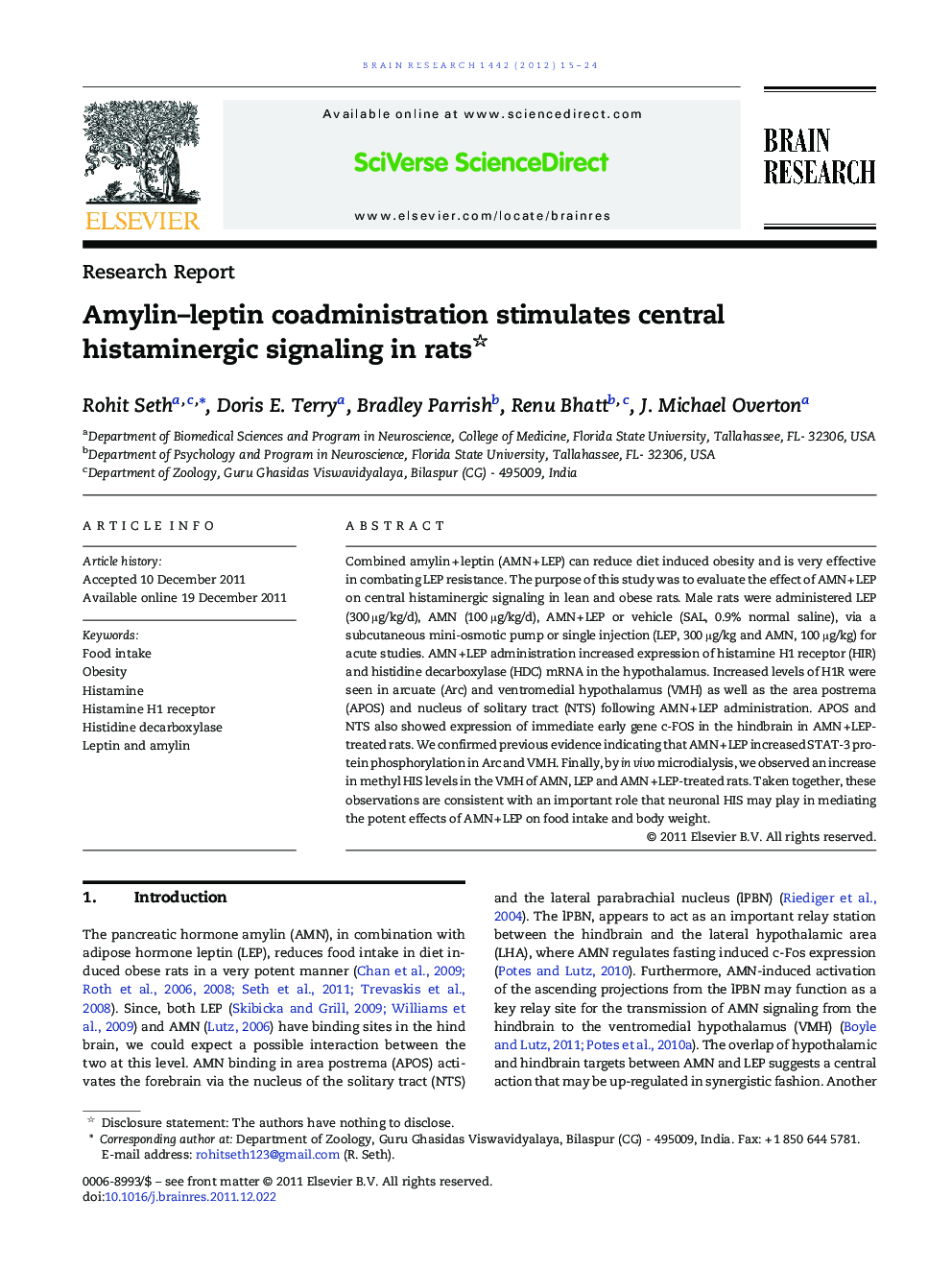 Amylin–leptin coadministration stimulates central histaminergic signaling in rats 