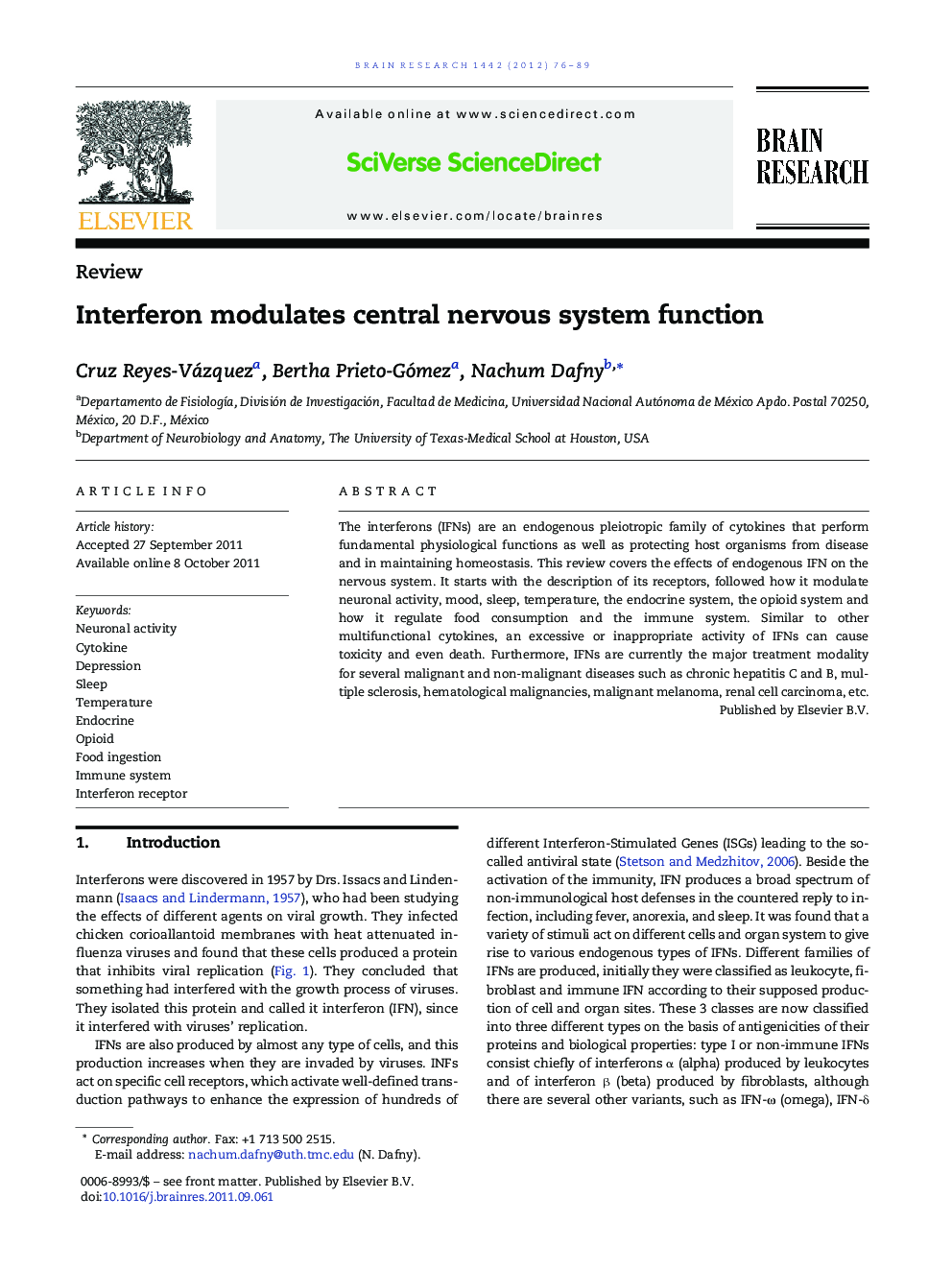 Interferon modulates central nervous system function