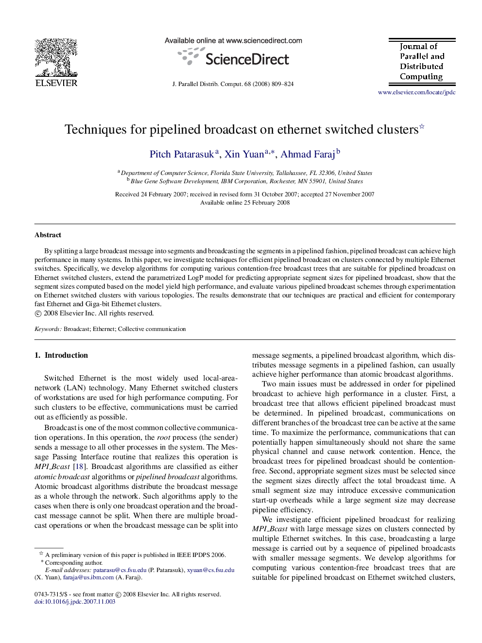 Techniques for pipelined broadcast on ethernet switched clusters 