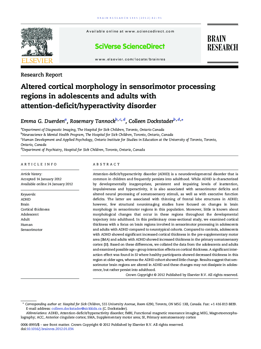 Altered cortical morphology in sensorimotor processing regions in adolescents and adults with attention-deficit/hyperactivity disorder