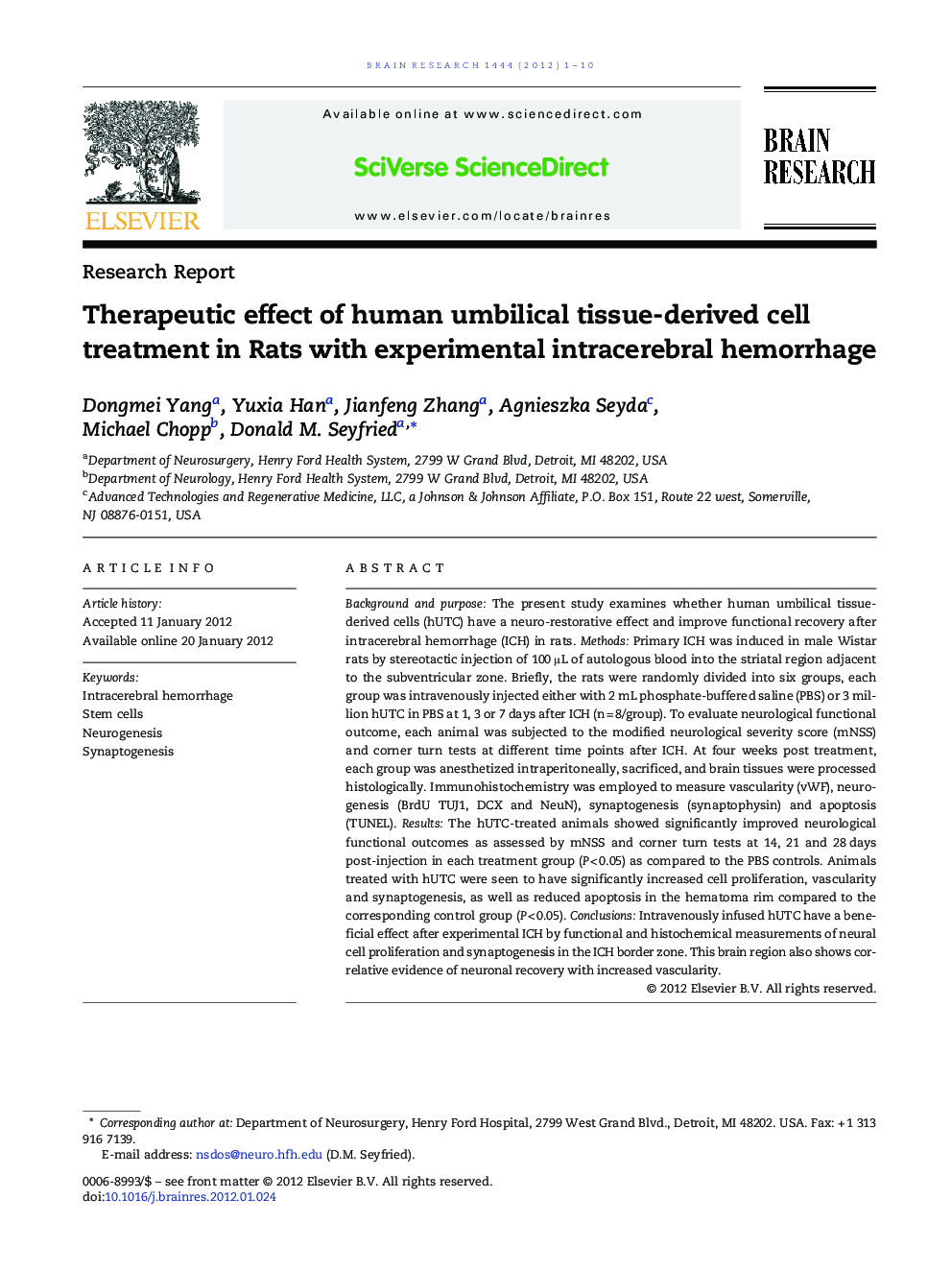 Therapeutic effect of human umbilical tissue-derived cell treatment in Rats with experimental intracerebral hemorrhage