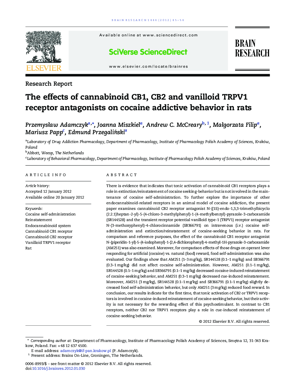 The effects of cannabinoid CB1, CB2 and vanilloid TRPV1 receptor antagonists on cocaine addictive behavior in rats