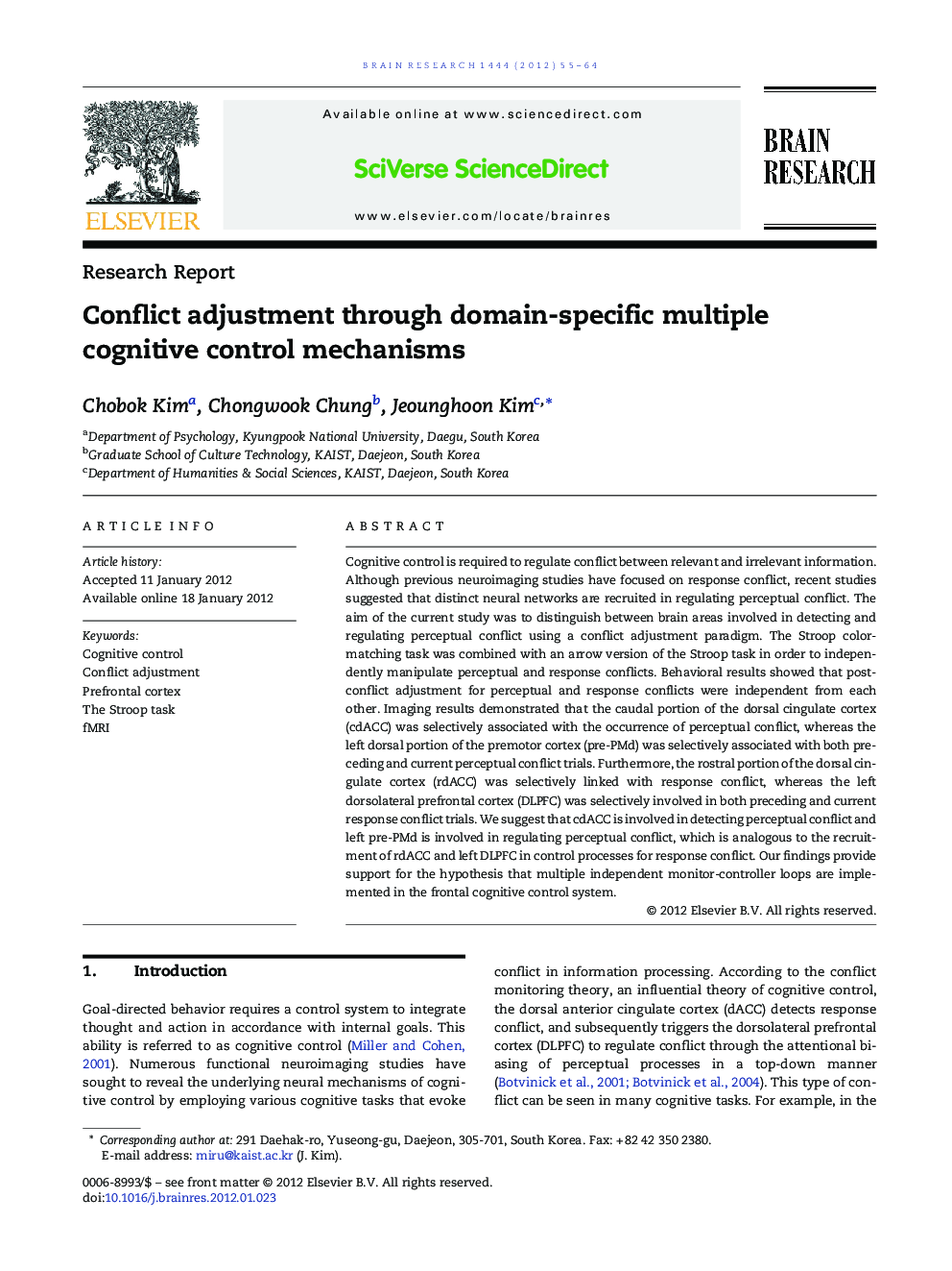 Conflict adjustment through domain-specific multiple cognitive control mechanisms