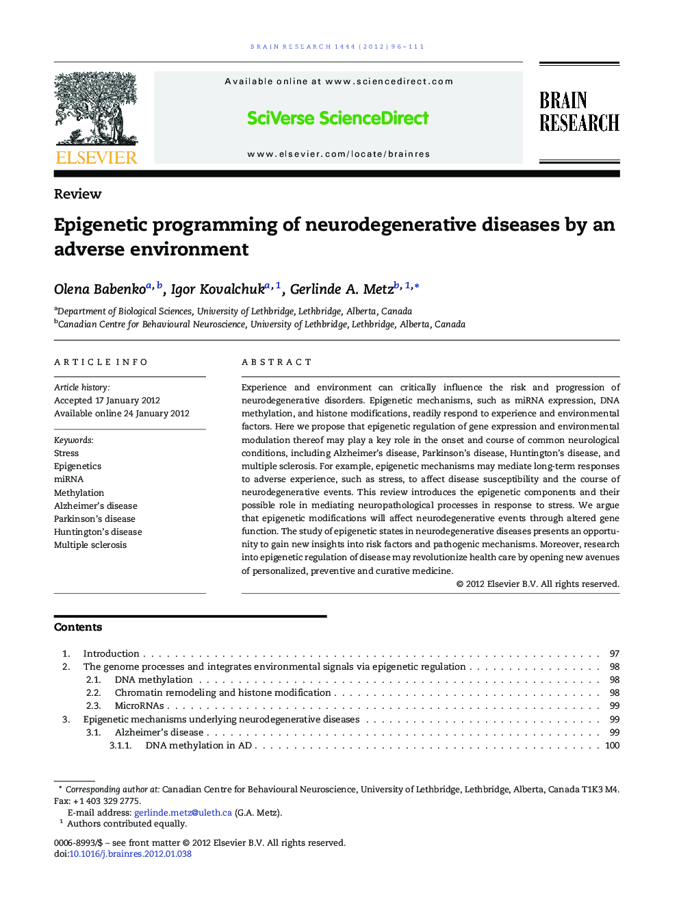 Epigenetic programming of neurodegenerative diseases by an adverse environment