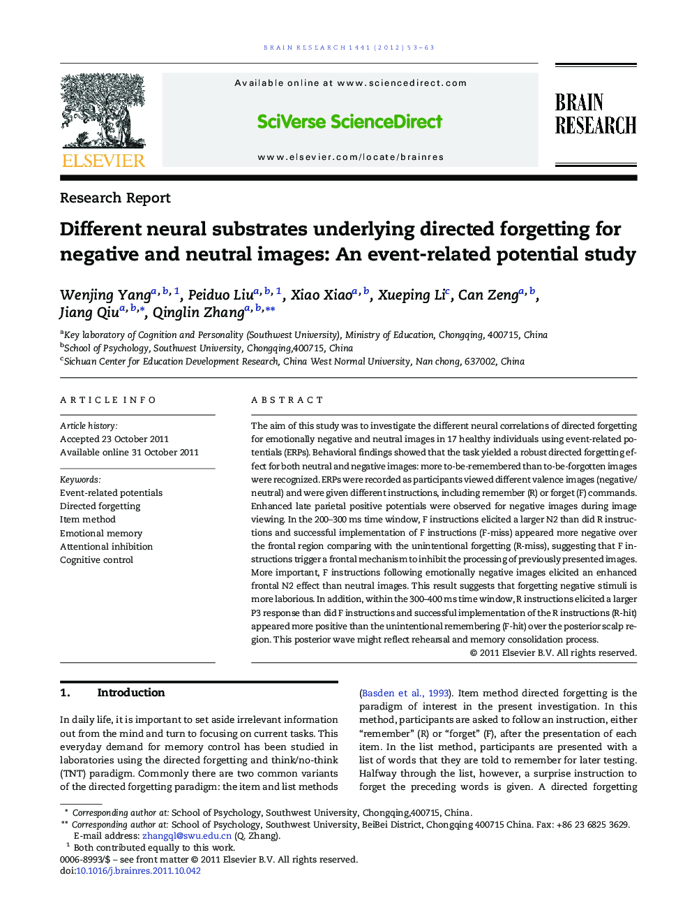 Different neural substrates underlying directed forgetting for negative and neutral images: An event-related potential study