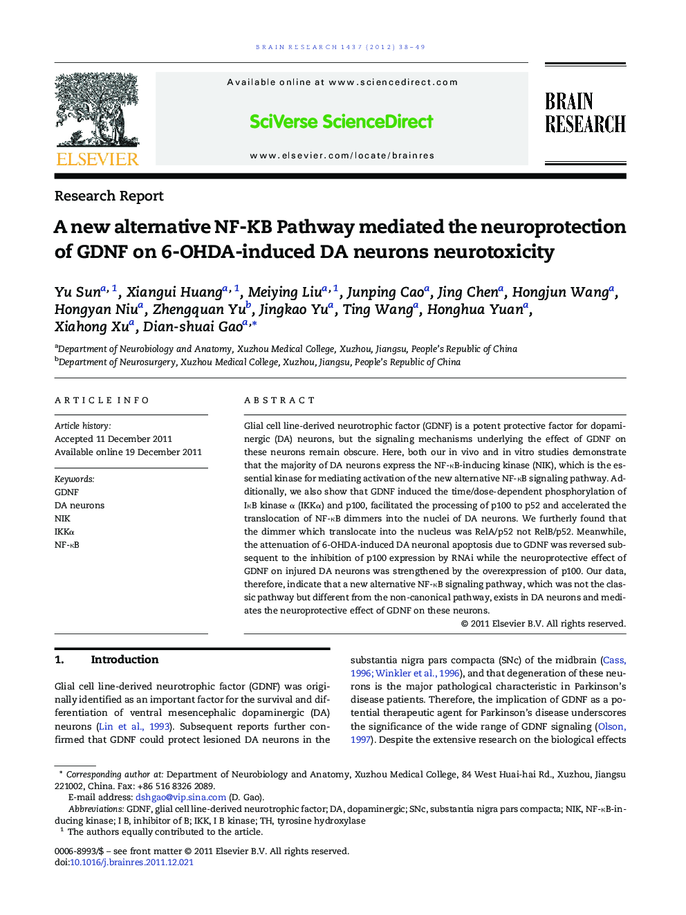A new alternative NF-ΚB Pathway mediated the neuroprotection of GDNF on 6-OHDA-induced DA neurons neurotoxicity
