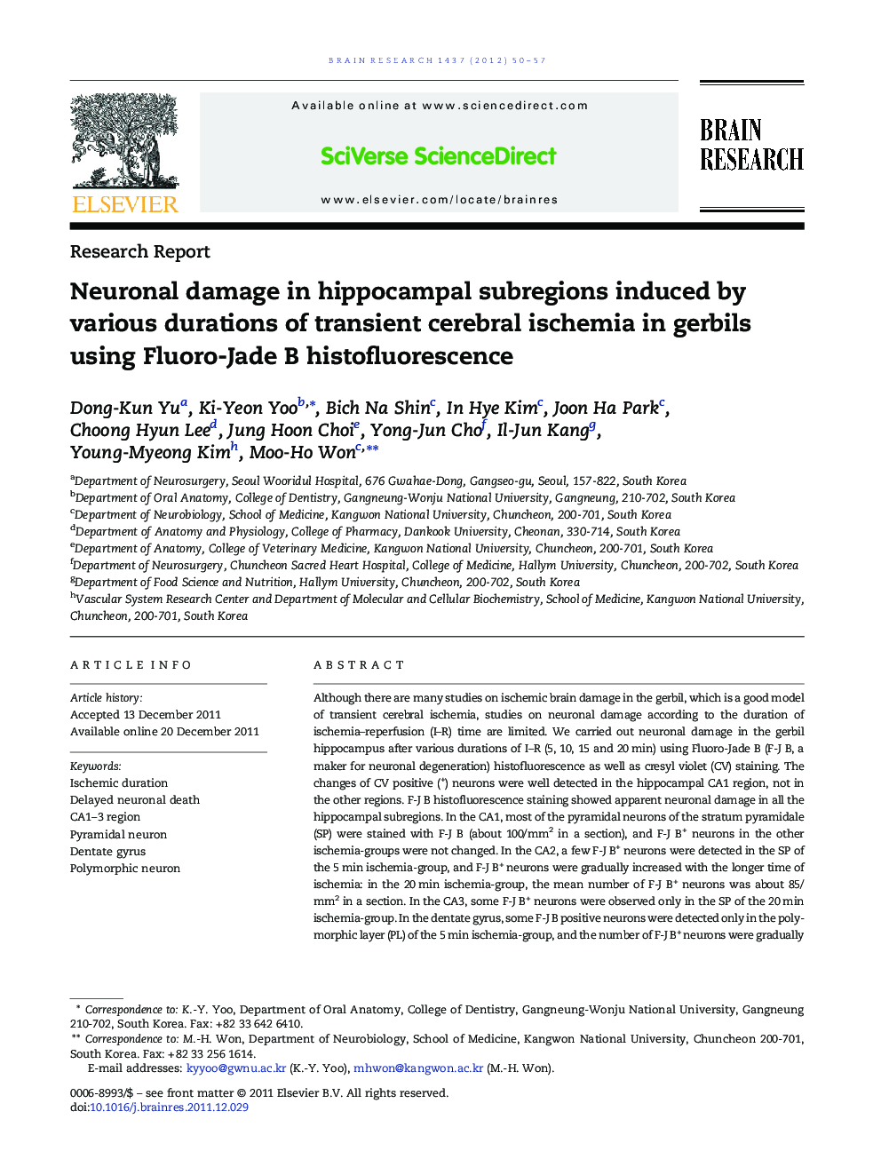 Neuronal damage in hippocampal subregions induced by various durations of transient cerebral ischemia in gerbils using Fluoro-Jade B histofluorescence