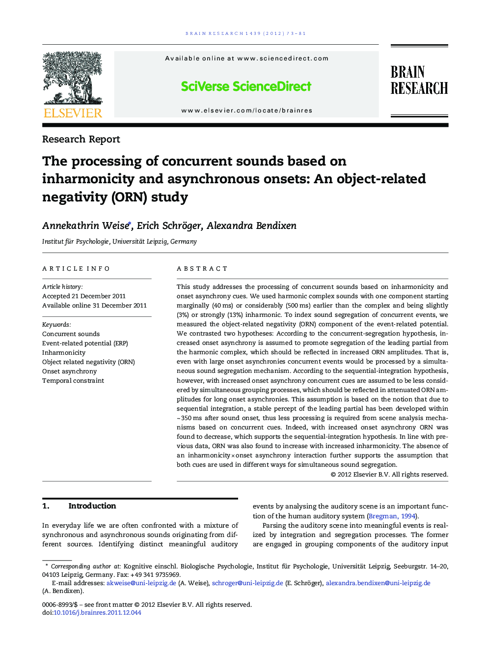 The processing of concurrent sounds based on inharmonicity and asynchronous onsets: An object-related negativity (ORN) study