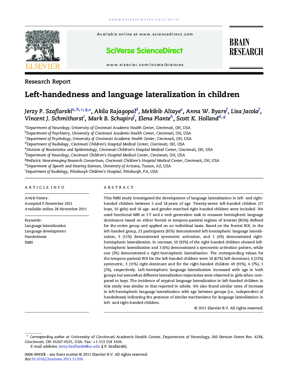 Left-handedness and language lateralization in children