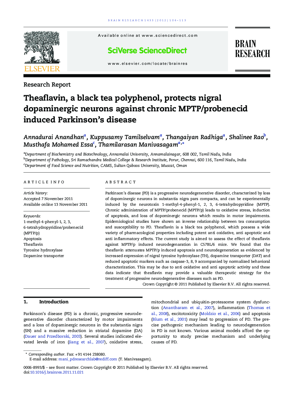 Theaflavin, a black tea polyphenol, protects nigral dopaminergic neurons against chronic MPTP/probenecid induced Parkinson's disease
