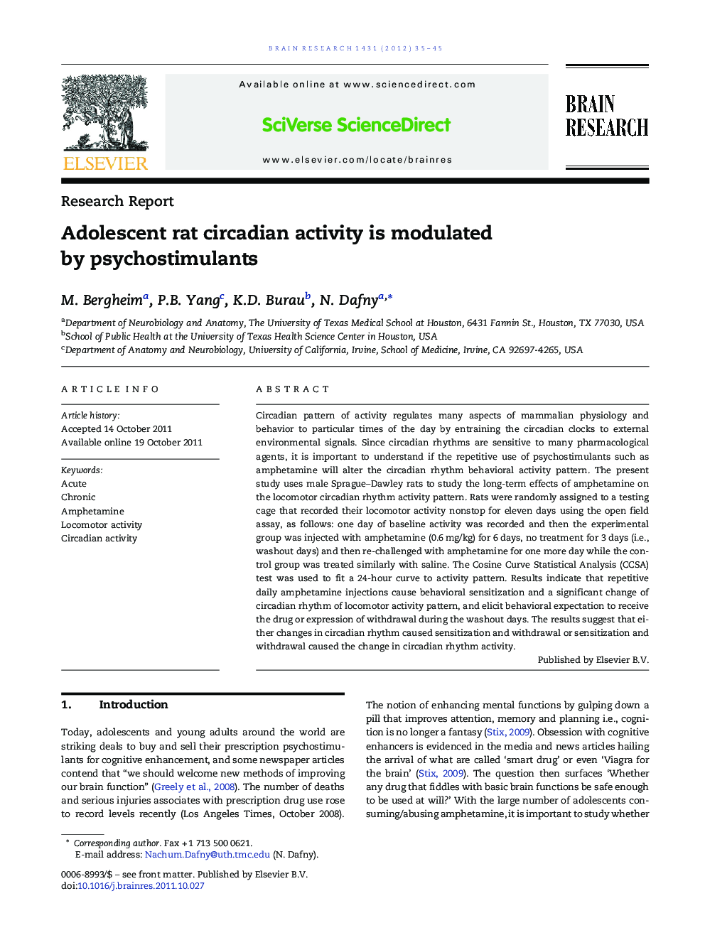 Adolescent rat circadian activity is modulated by psychostimulants