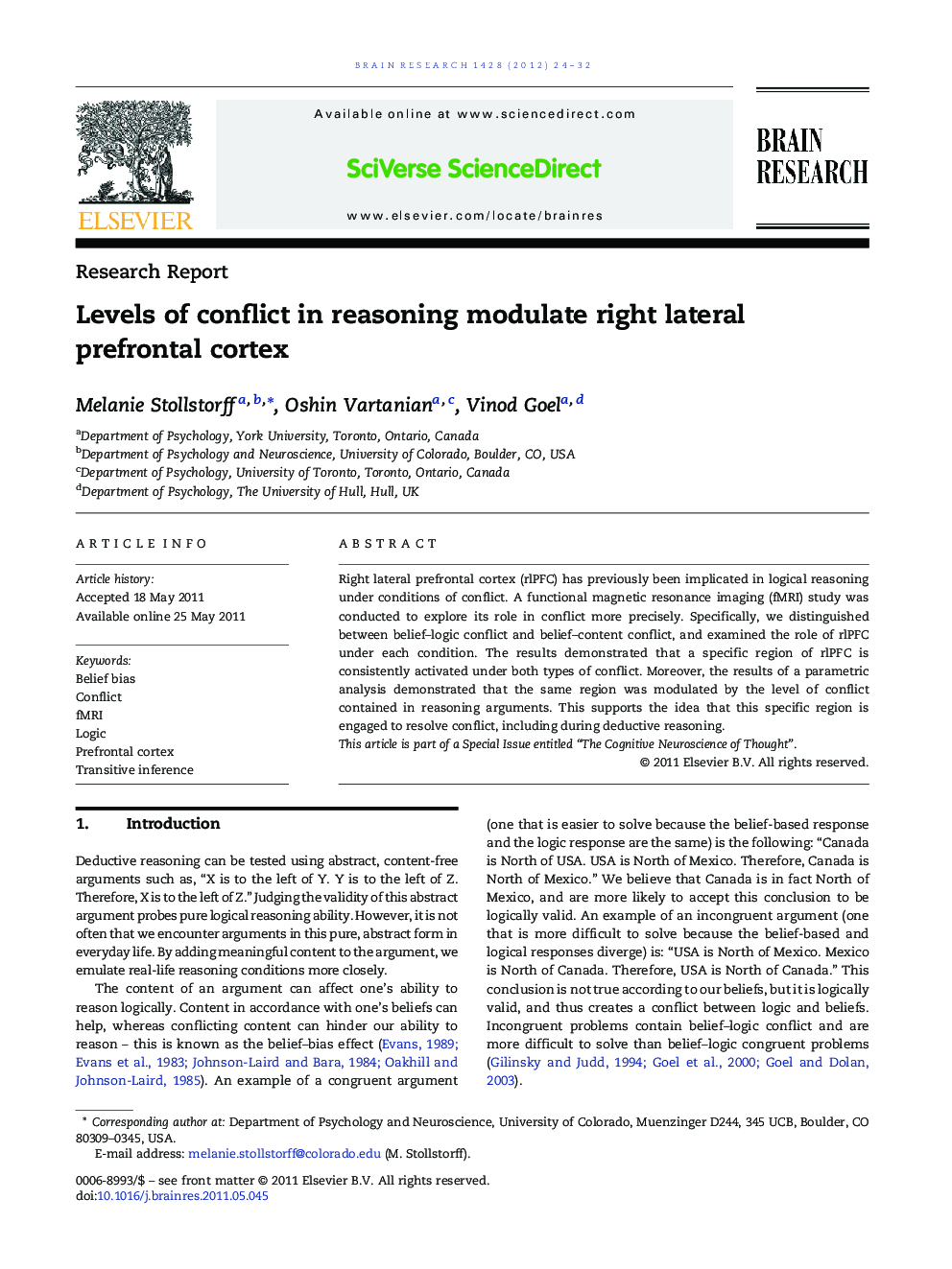 Levels of conflict in reasoning modulate right lateral prefrontal cortex