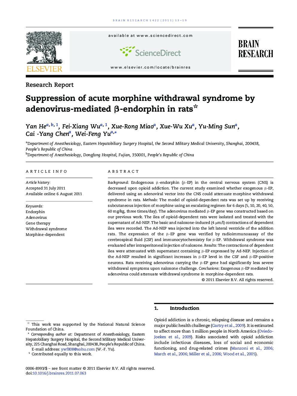 Suppression of acute morphine withdrawal syndrome by adenovirus-mediated Î²-endorphin in rats