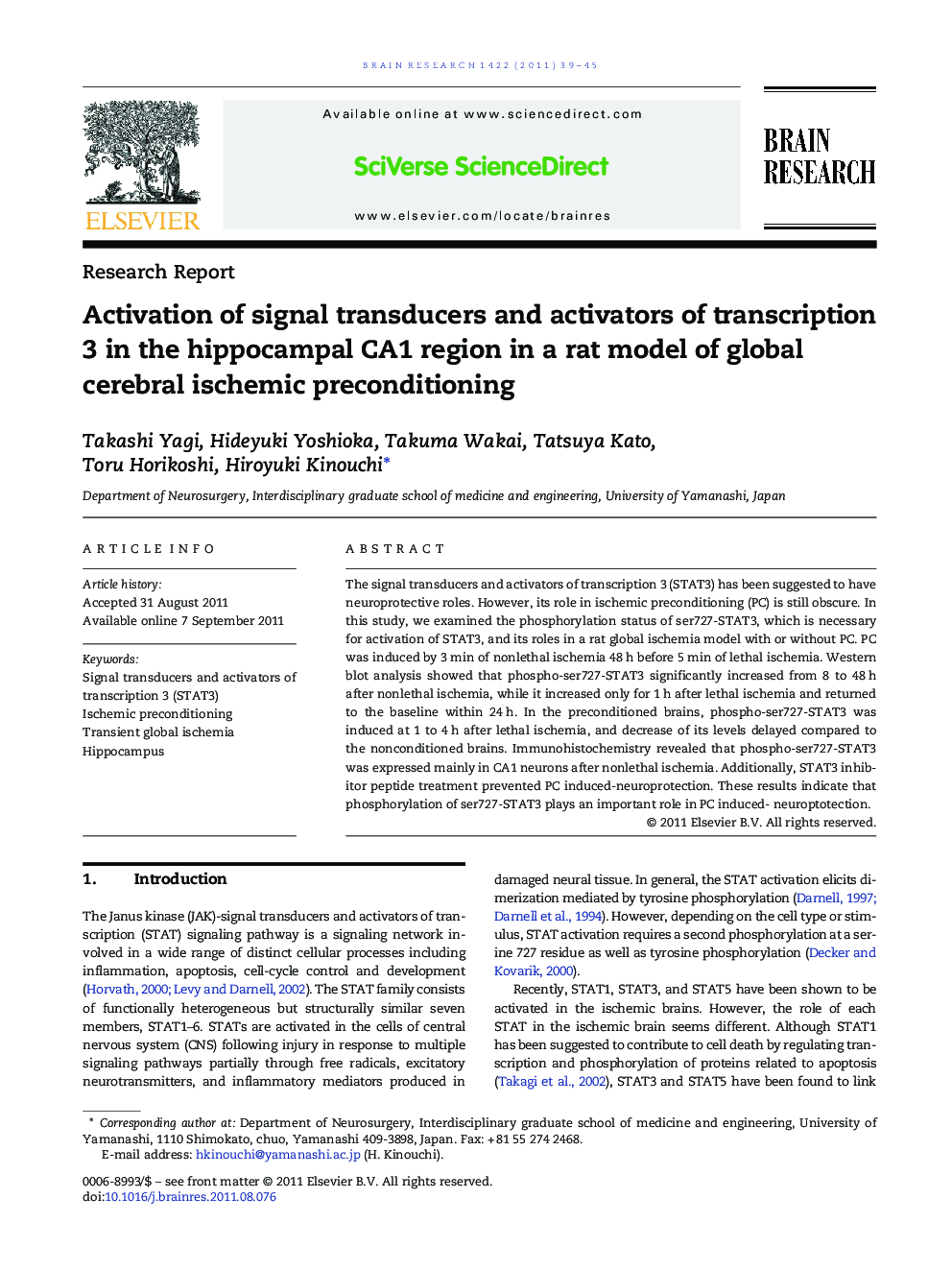 Activation of signal transducers and activators of transcription 3 in the hippocampal CA1 region in a rat model of global cerebral ischemic preconditioning