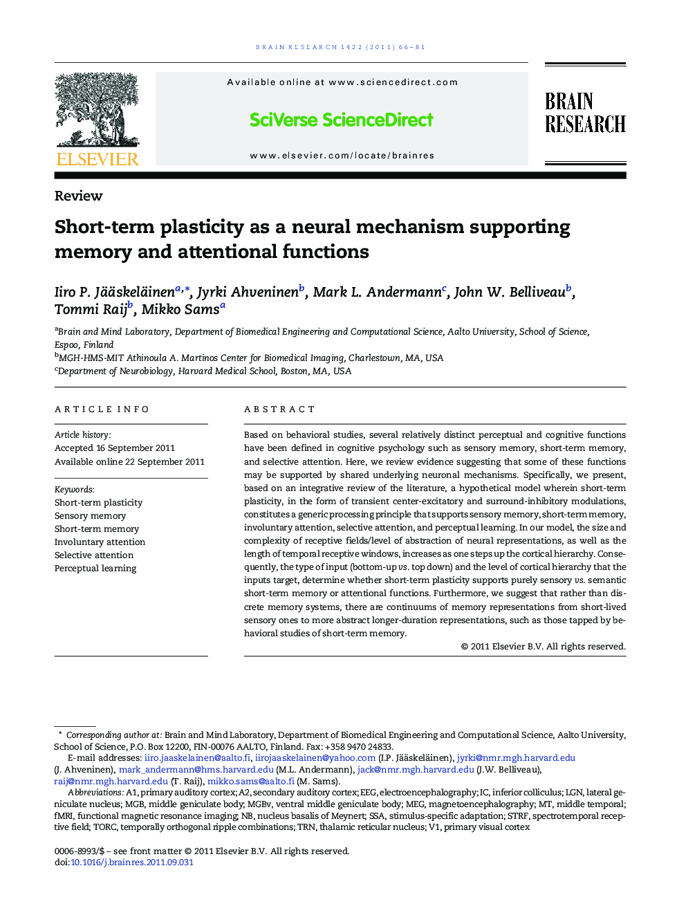 Short-term plasticity as a neural mechanism supporting memory and attentional functions