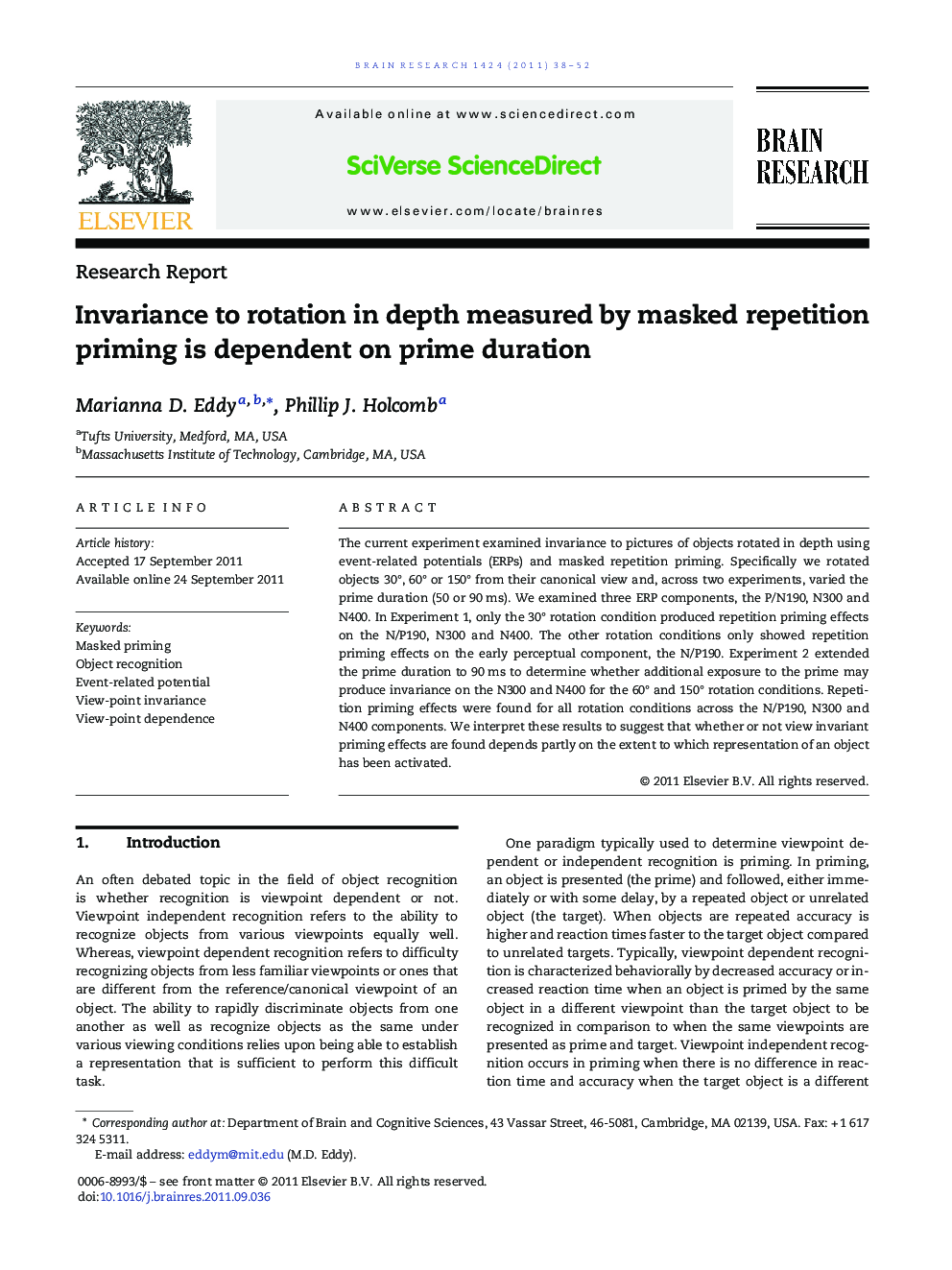 Invariance to rotation in depth measured by masked repetition priming is dependent on prime duration