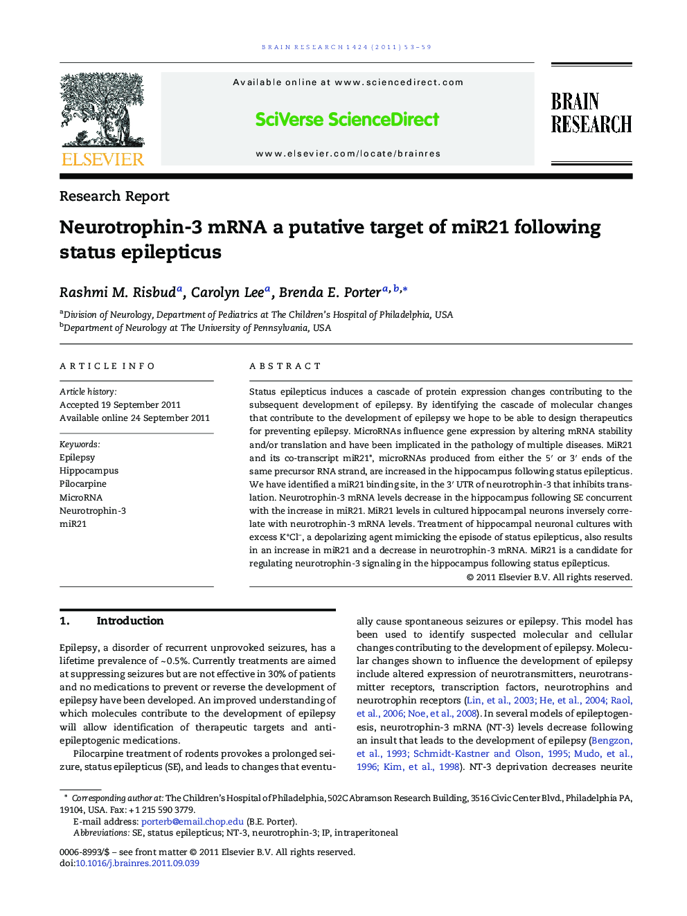 Neurotrophin-3 mRNA a putative target of miR21 following status epilepticus