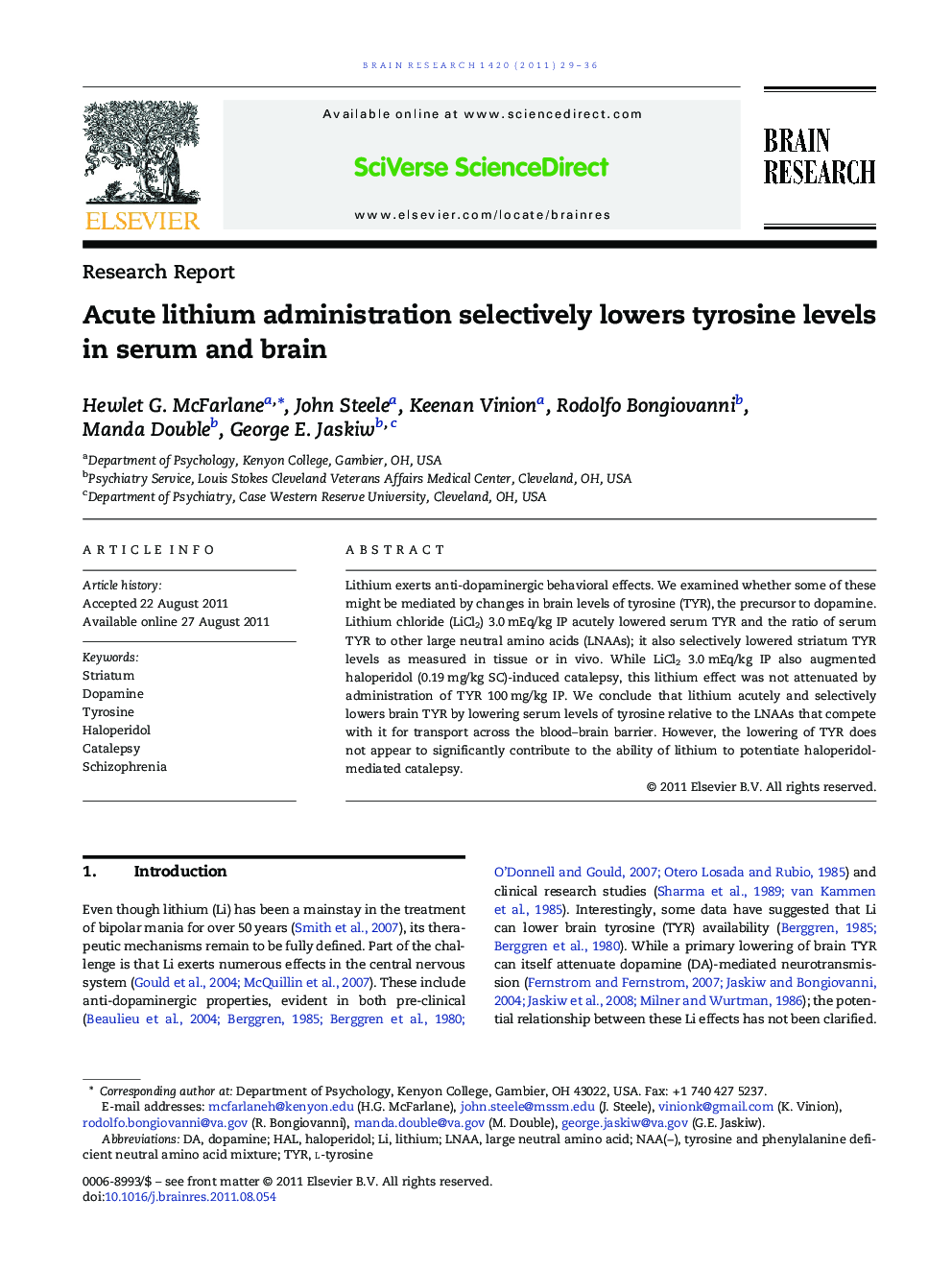 Acute lithium administration selectively lowers tyrosine levels in serum and brain