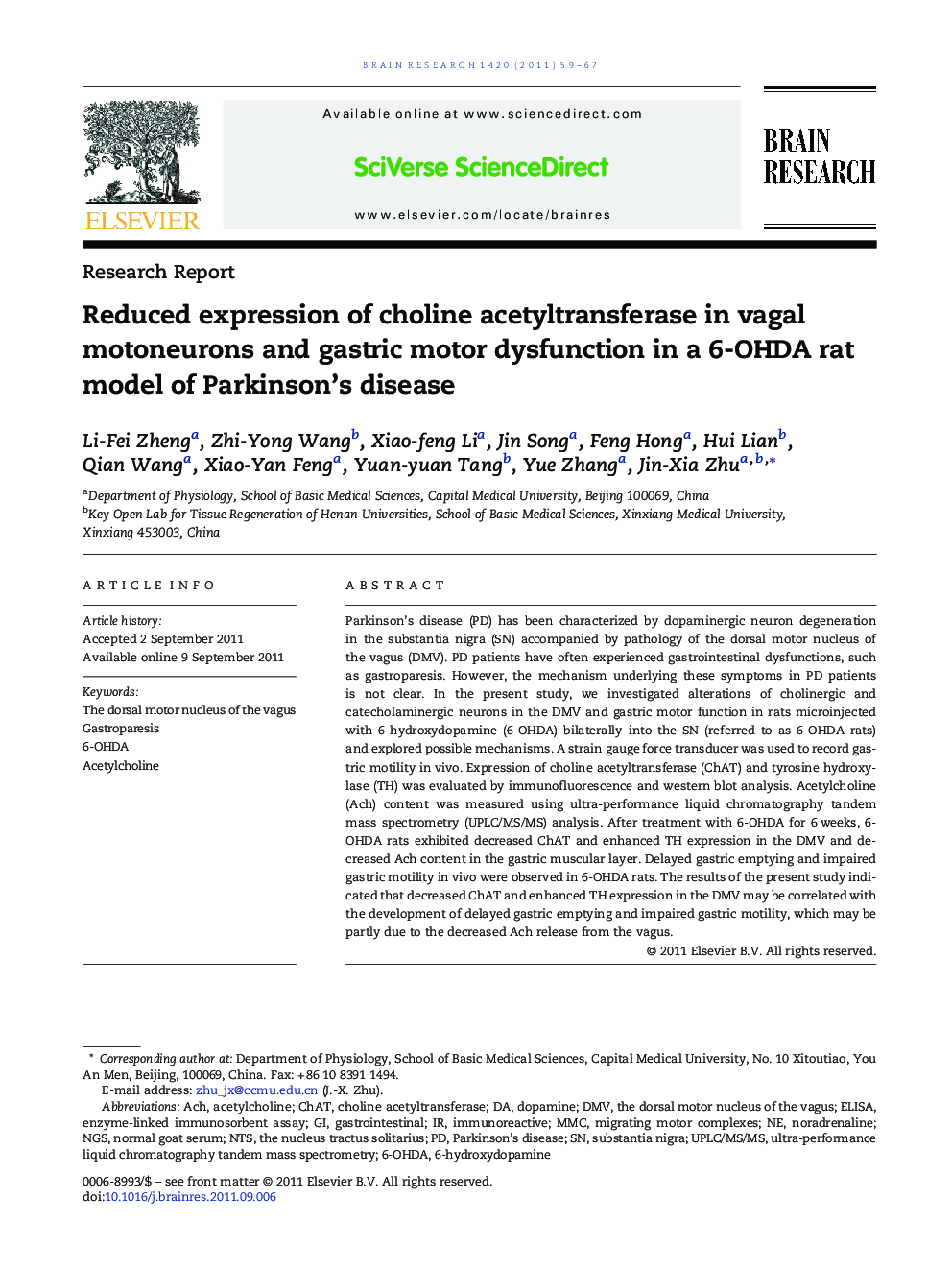 Reduced expression of choline acetyltransferase in vagal motoneurons and gastric motor dysfunction in a 6-OHDA rat model of Parkinson's disease