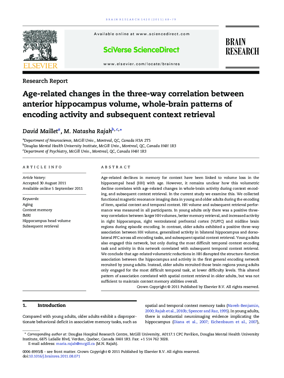 Age-related changes in the three-way correlation between anterior hippocampus volume, whole-brain patterns of encoding activity and subsequent context retrieval