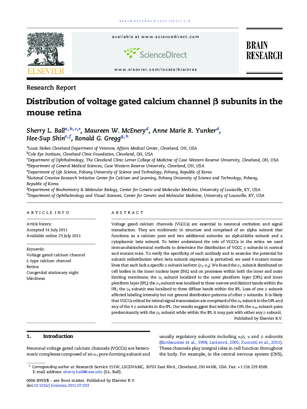 Distribution of voltage gated calcium channel β subunits in the mouse retina