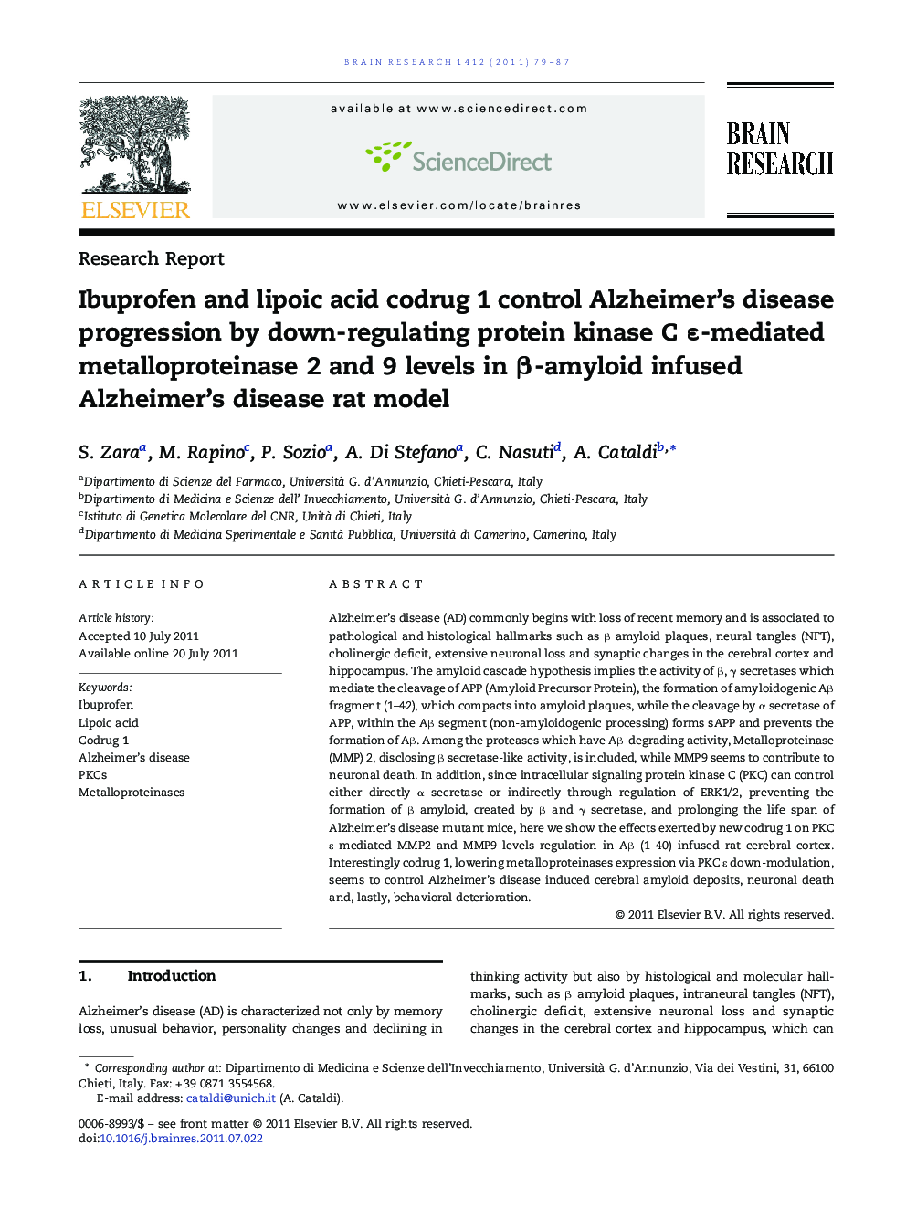 عکس صفحه اول مقاله: Ibuprofen and lipoic acid codrug 1 control Alzheimer's disease progression by down-regulating protein kinase C ε-mediated metalloproteinase 2 and 9 levels in β-amyloid infused Alzheimer's disease rat model Ibuprofen and lipoic acid codrug 1 control Alzheimer's disease progression by down-regulating protein kinase C ε-mediated metalloproteinase 2 and 9 levels in β-amyloid infused Alzheimer's disease rat model