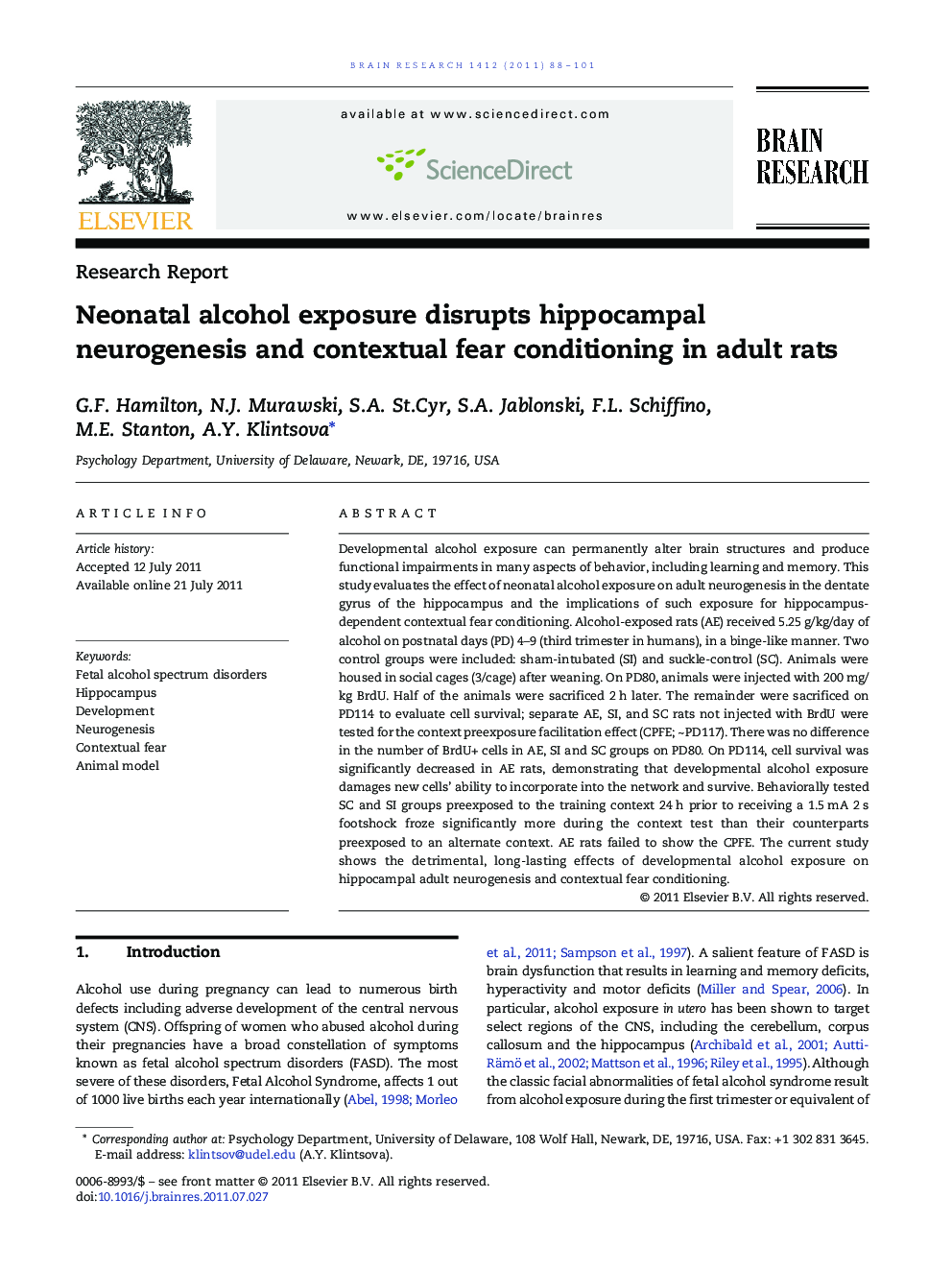 Neonatal alcohol exposure disrupts hippocampal neurogenesis and contextual fear conditioning in adult rats