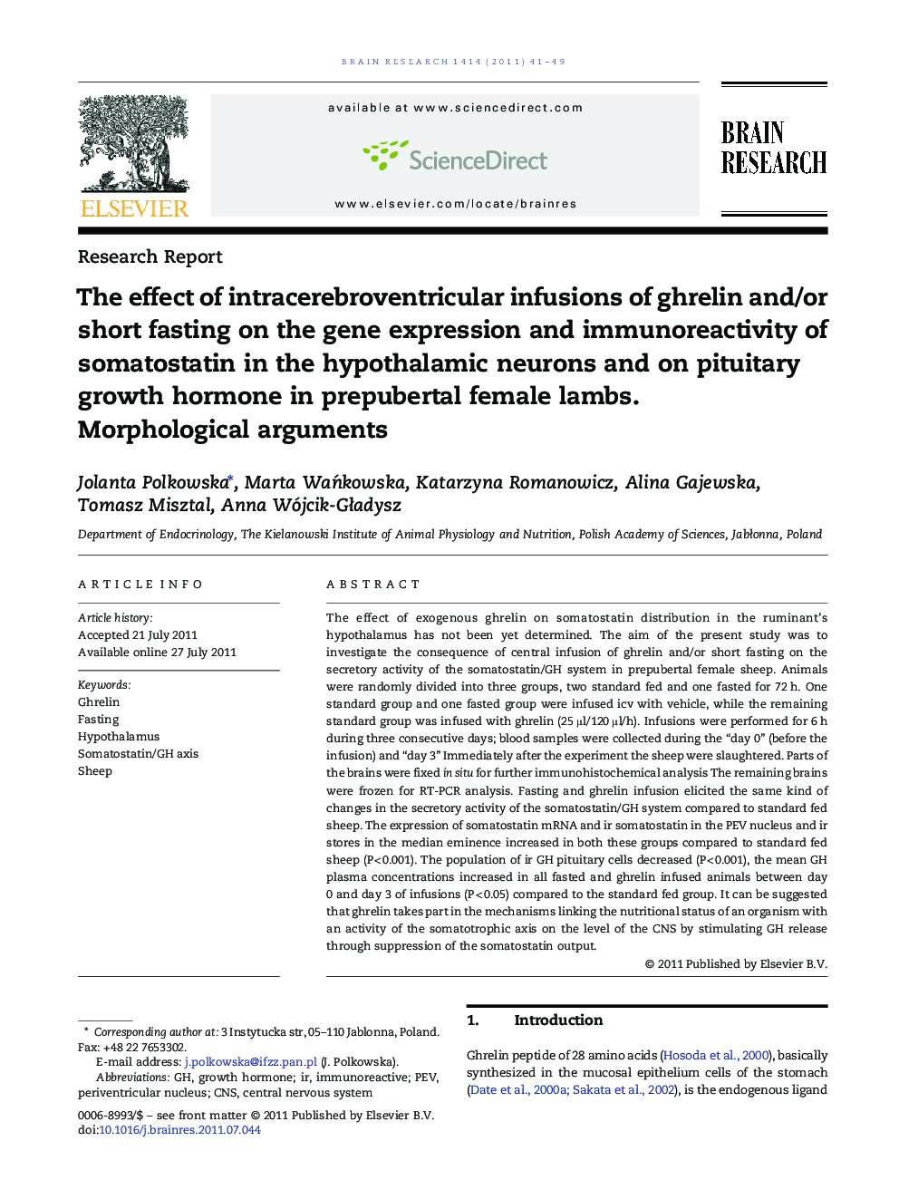 The effect of intracerebroventricular infusions of ghrelin and/or short fasting on the gene expression and immunoreactivity of somatostatin in the hypothalamic neurons and on pituitary growth hormone in prepubertal female lambs. Morphological arguments