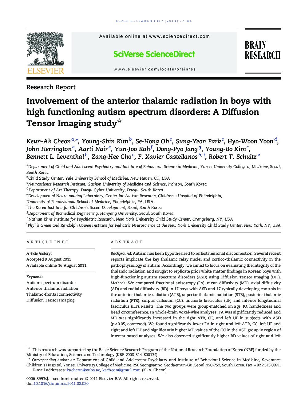 Involvement of the anterior thalamic radiation in boys with high functioning autism spectrum disorders: A Diffusion Tensor Imaging study 