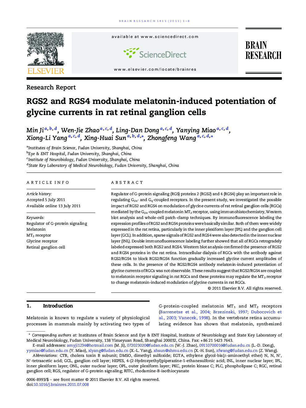 RGS2 and RGS4 modulate melatonin-induced potentiation of glycine currents in rat retinal ganglion cells