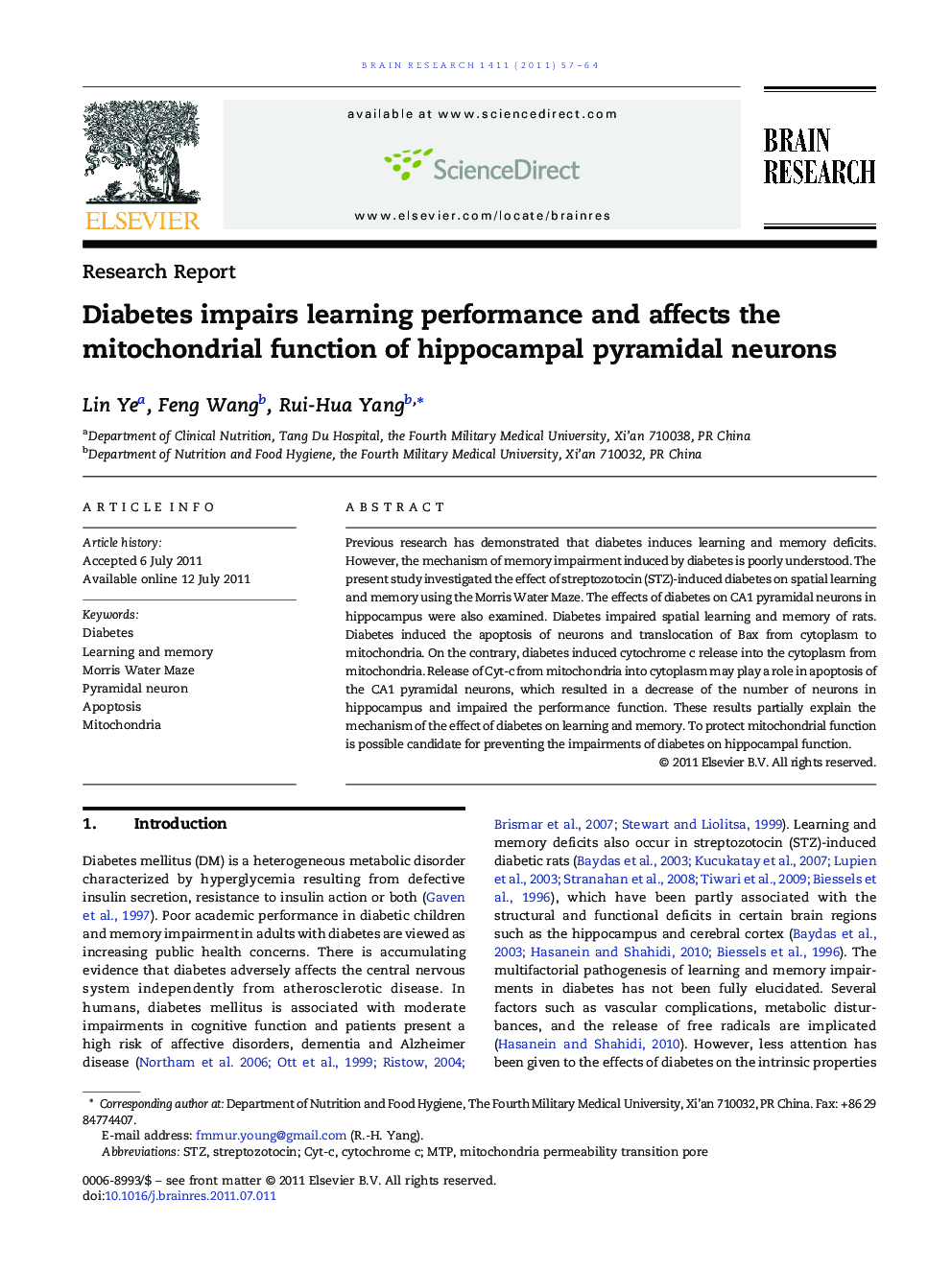 Diabetes impairs learning performance and affects the mitochondrial function of hippocampal pyramidal neurons