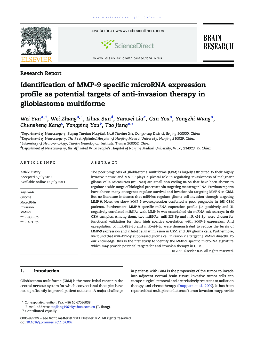 Identification of MMP-9 specific microRNA expression profile as potential targets of anti-invasion therapy in glioblastoma multiforme