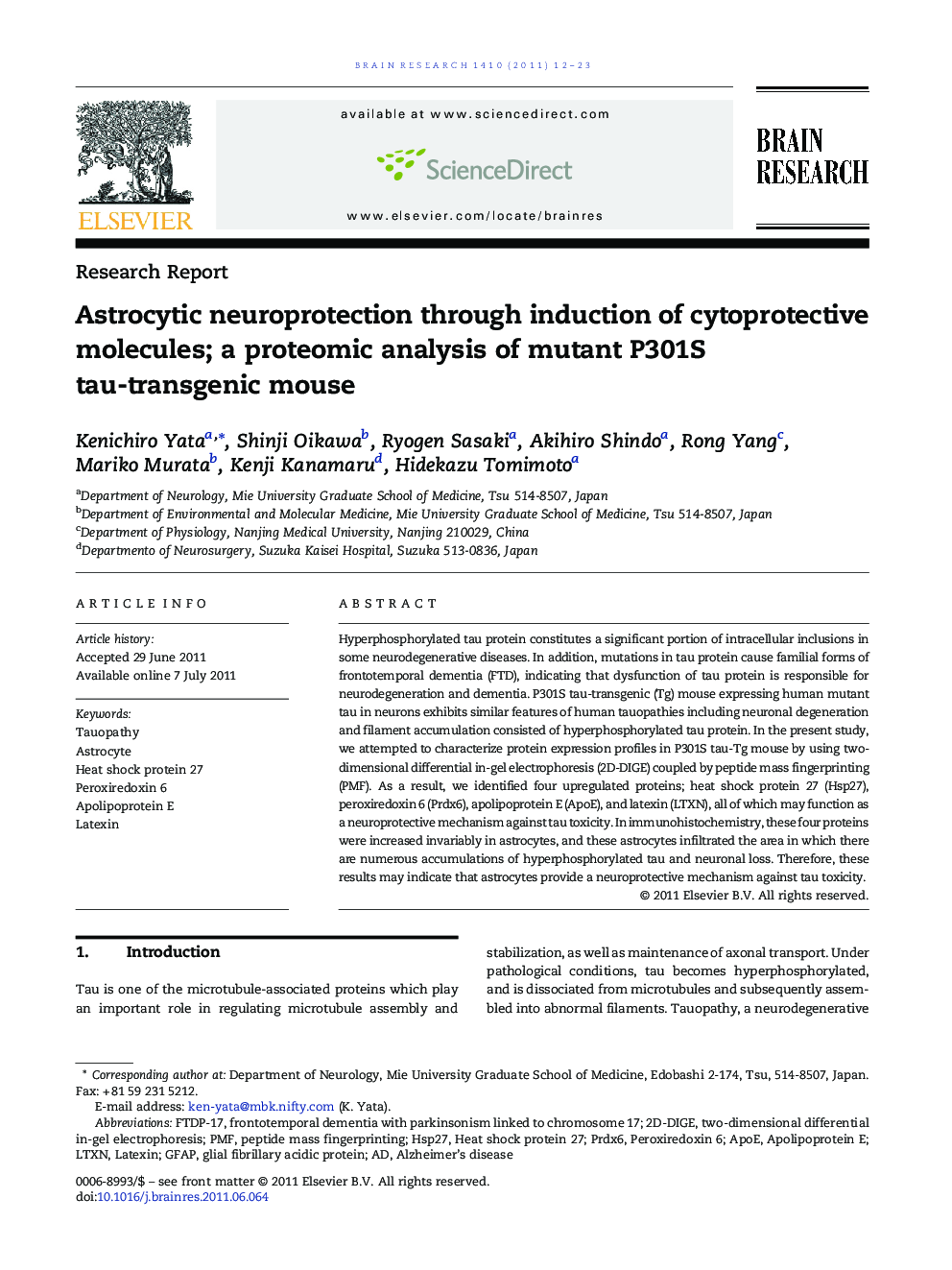 Astrocytic neuroprotection through induction of cytoprotective molecules; a proteomic analysis of mutant P301S tau-transgenic mouse