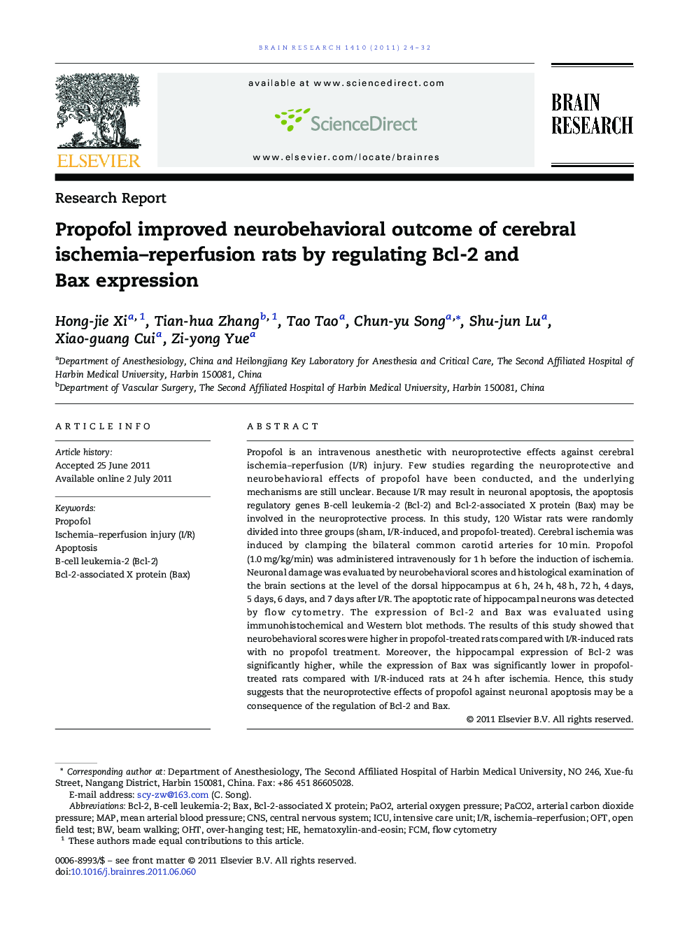 Propofol improved neurobehavioral outcome of cerebral ischemia-reperfusion rats by regulating Bcl-2 and Bax expression