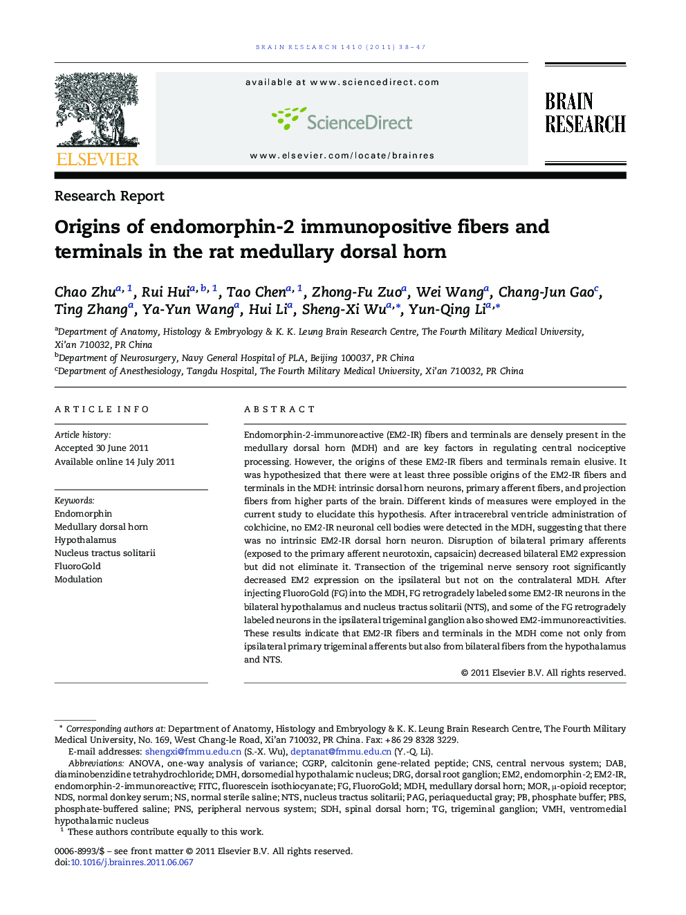 Origins of endomorphin-2 immunopositive fibers and terminals in the rat medullary dorsal horn