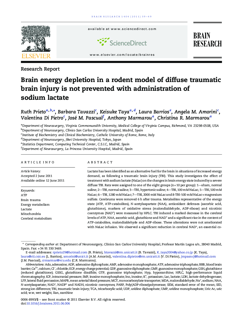 Brain energy depletion in a rodent model of diffuse traumatic brain injury is not prevented with administration of sodium lactate