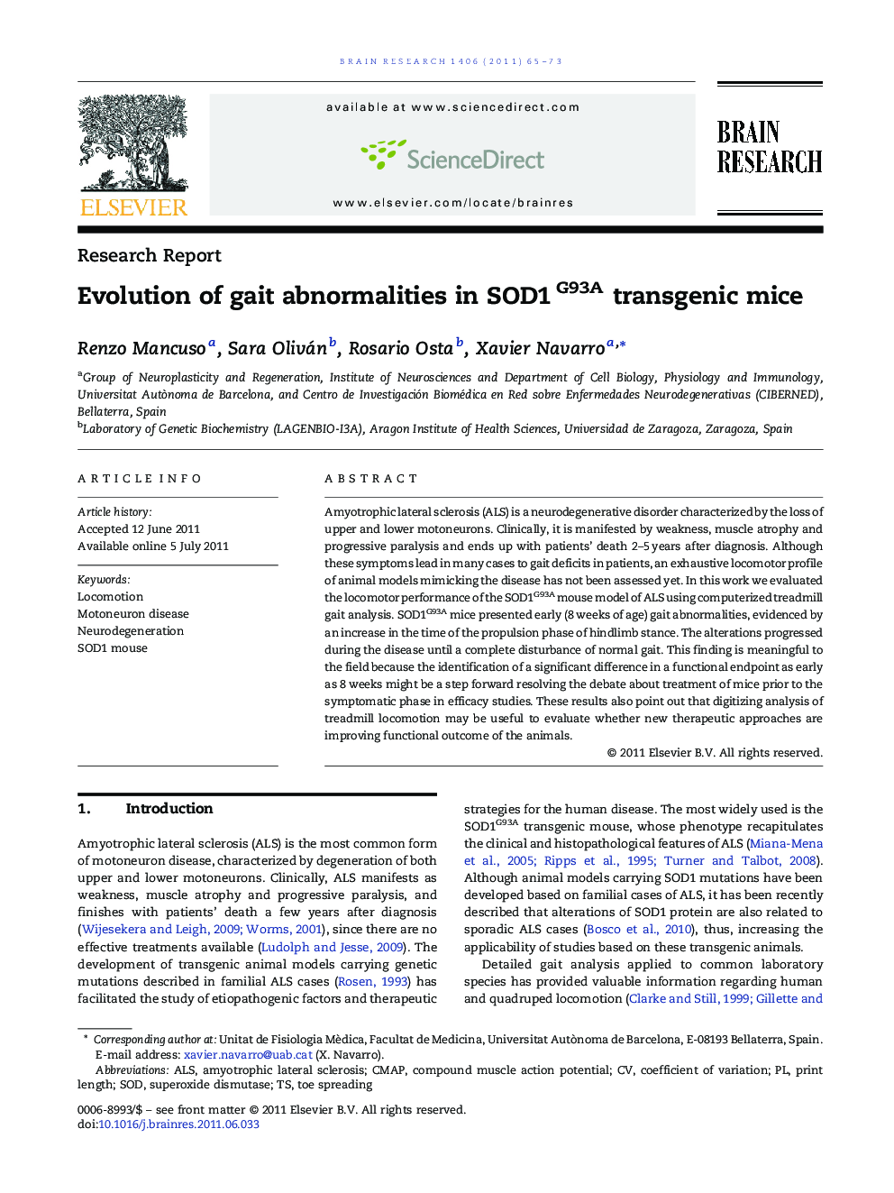 Evolution of gait abnormalities in SOD1G93A transgenic mice