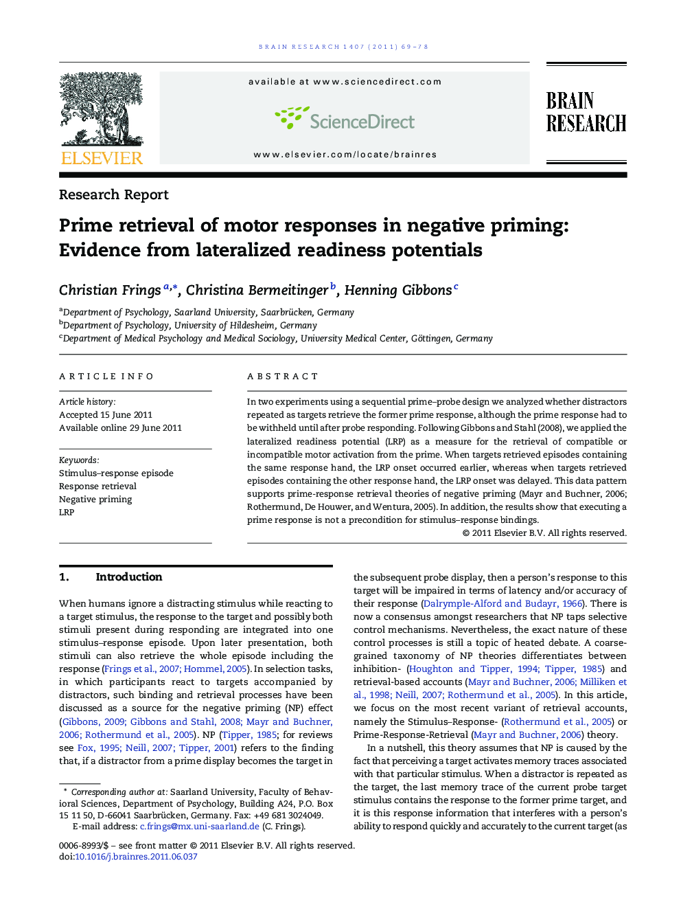 Prime retrieval of motor responses in negative priming: Evidence from lateralized readiness potentials