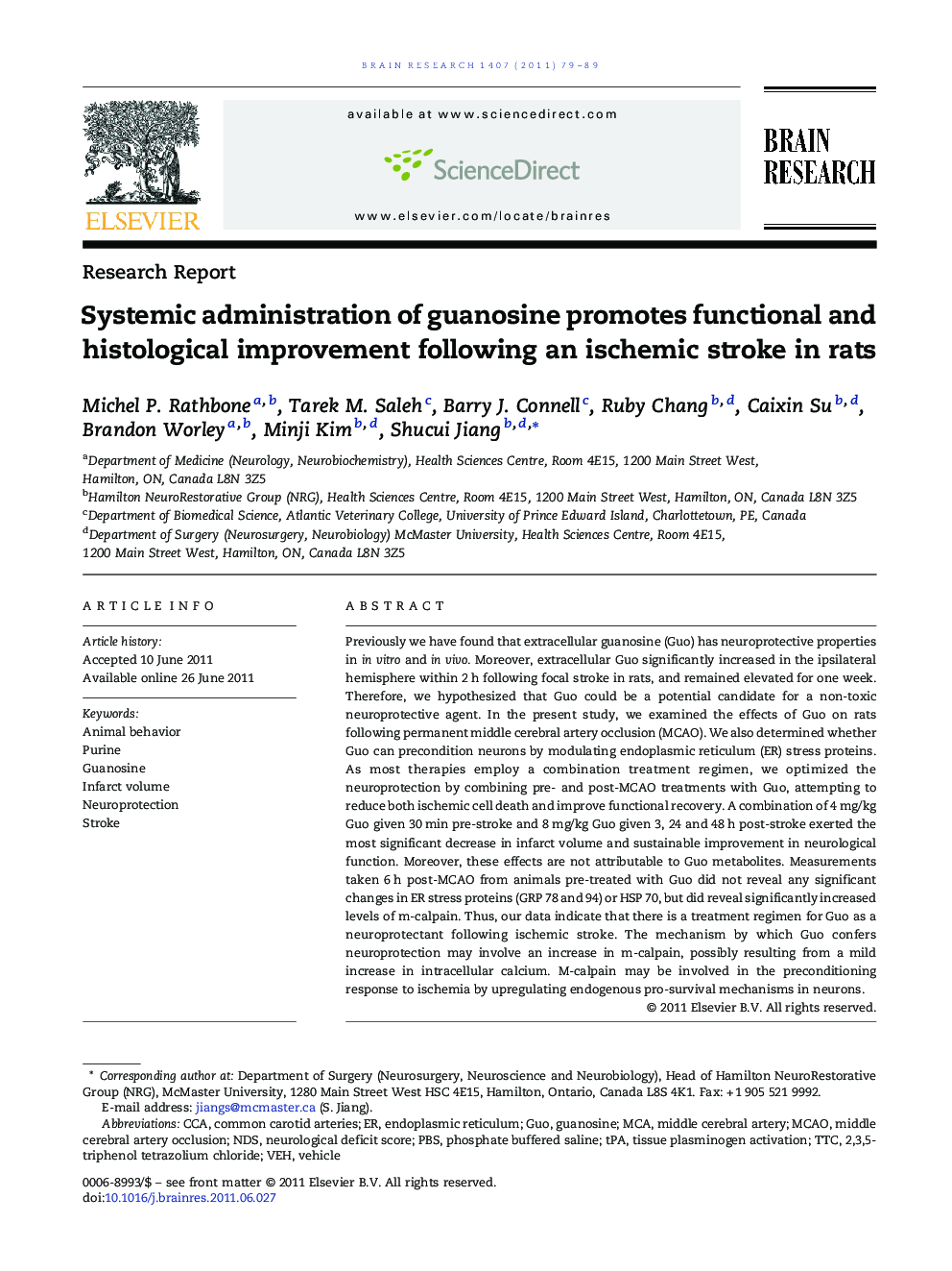 Systemic administration of guanosine promotes functional and histological improvement following an ischemic stroke in rats